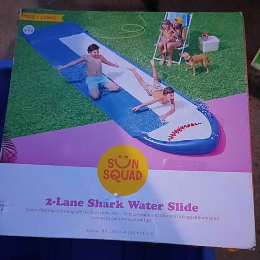NEW Sun Squad 2 Lane Shark Water Slide w/BulitIn Sprinkler 18ft long x 54in wide